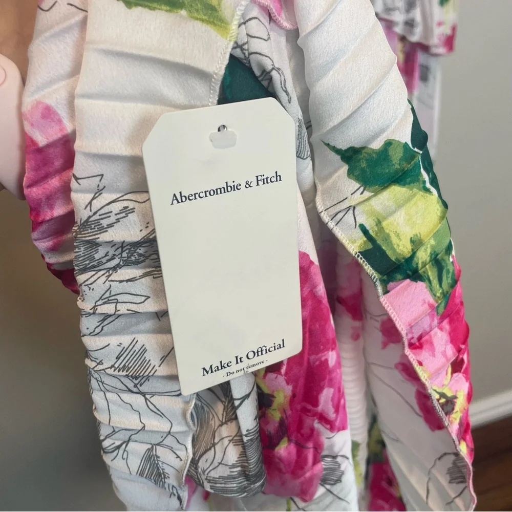 Abercrombie & Fitch Giselle Pleated Tiered Maxi Dress Satin White Floral XL TALL
